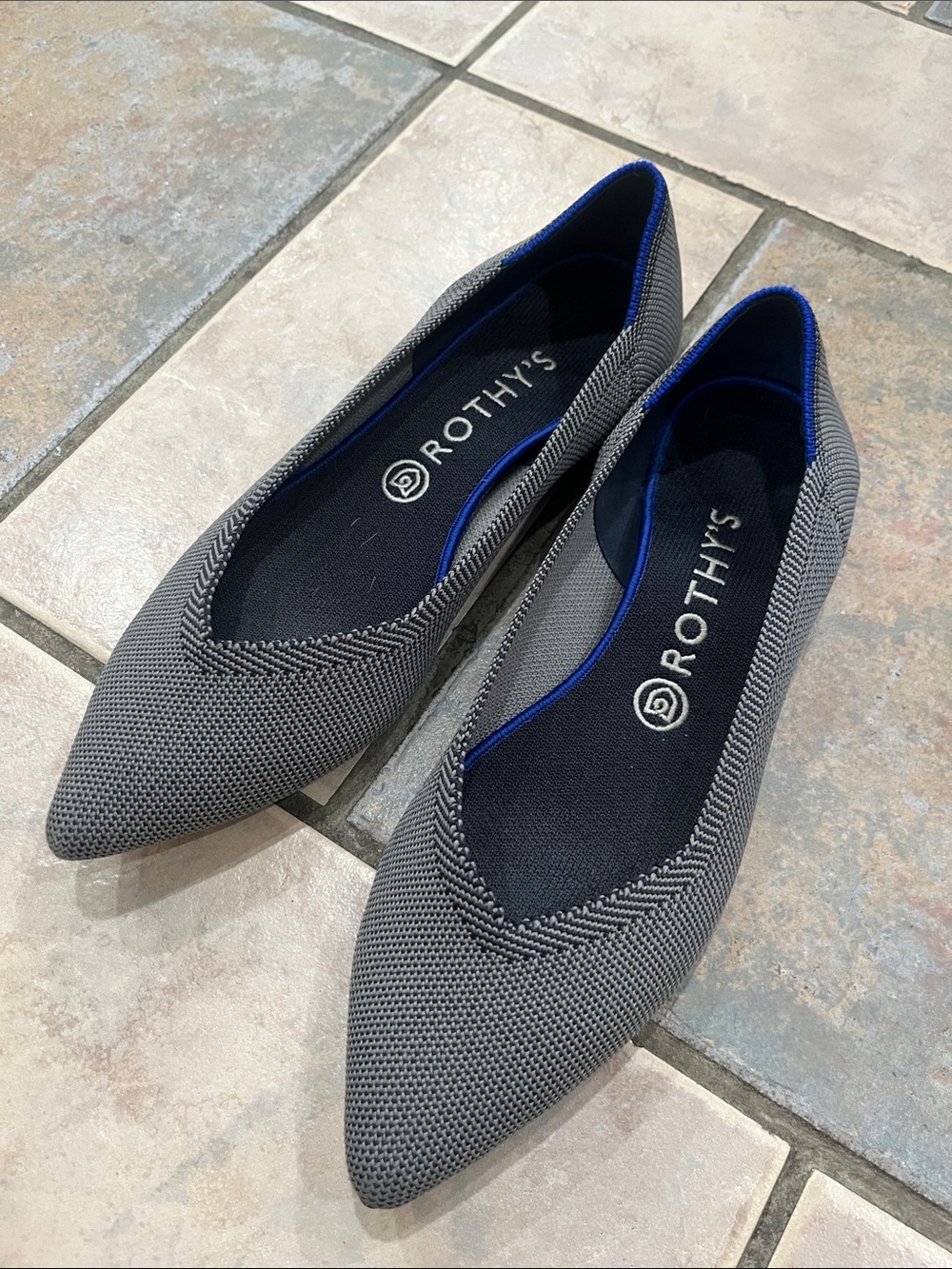 Rothy's Pointed Knit Flats in Gray/black with Blue Trim 9